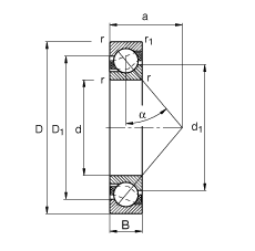 角接觸球軸承 7210-B-TVP, 根據 DIN 628-1 標準的主要尺寸，接觸角 α = 40°